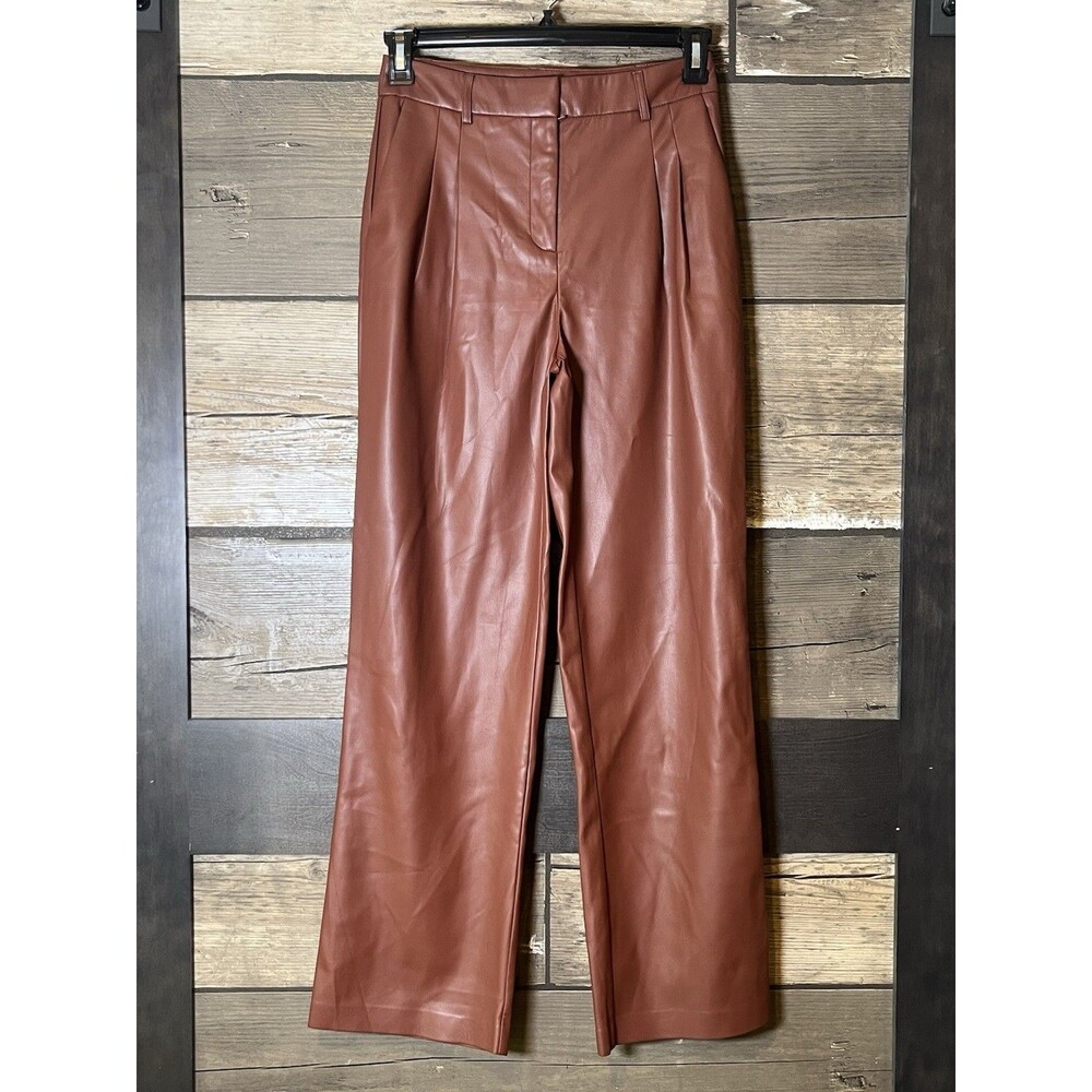 House of Harlow 1960 size 4 Brown Faux Leather Straight Pleated High Rise Pants